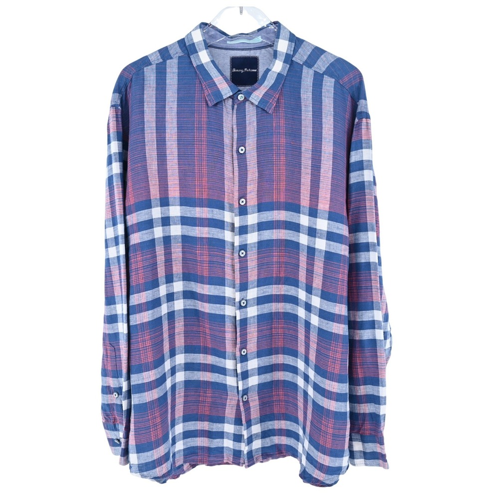 Tommy Bahama Mens XL Linen Cotton Plaid Shirt Coastal Resort Relaxed Luxe Blue - Picture 7 of 16